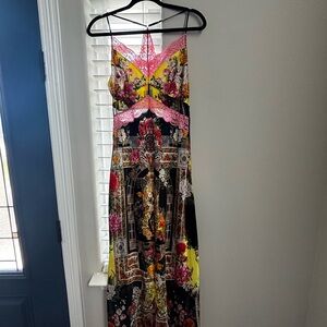 Camilla Yellow, Black & Pink Floral Lace-Trim Maxi Dress